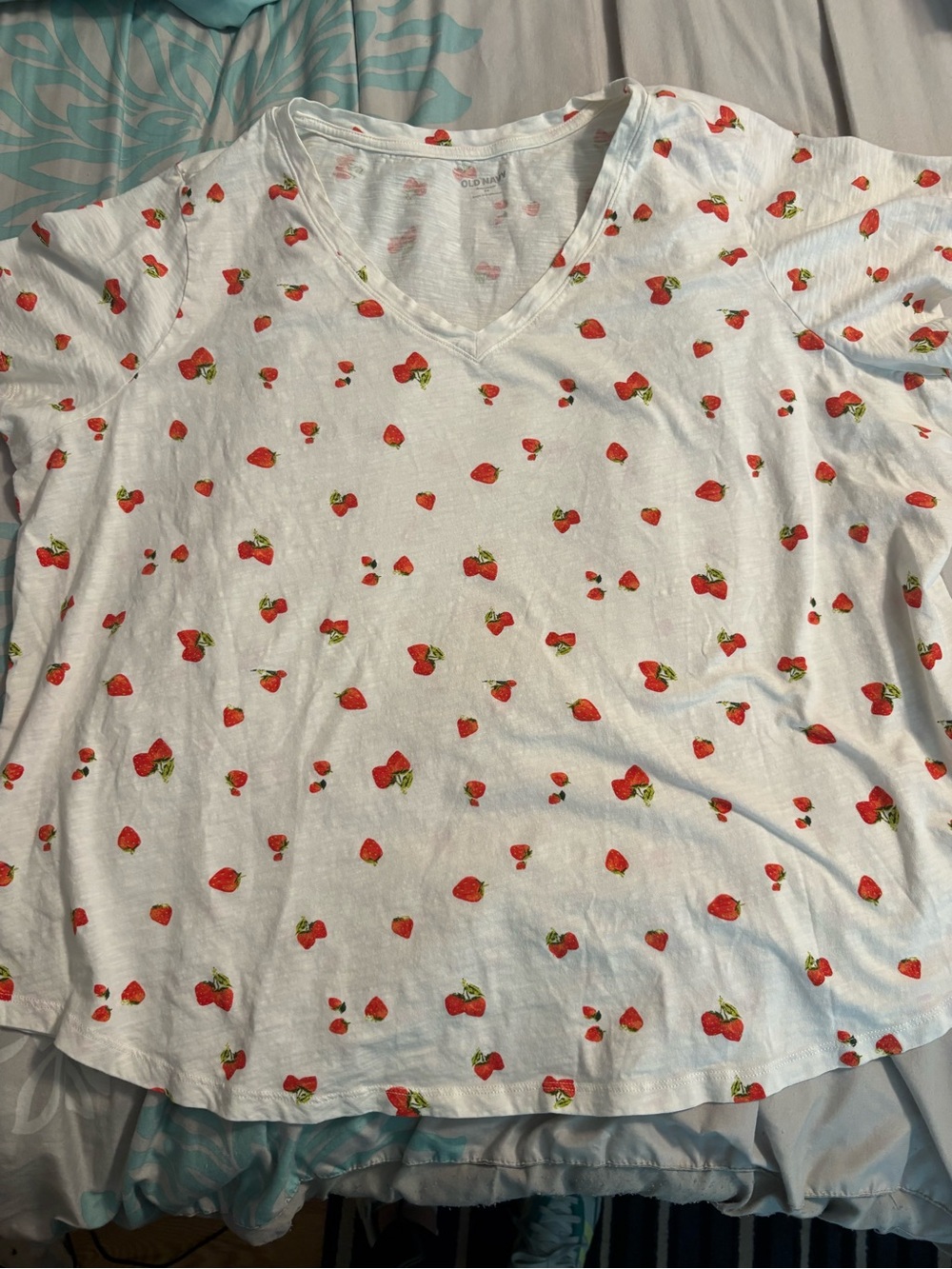 Old Navy White Short-Sleeve V-Neck Tee with Red Strawberry Print